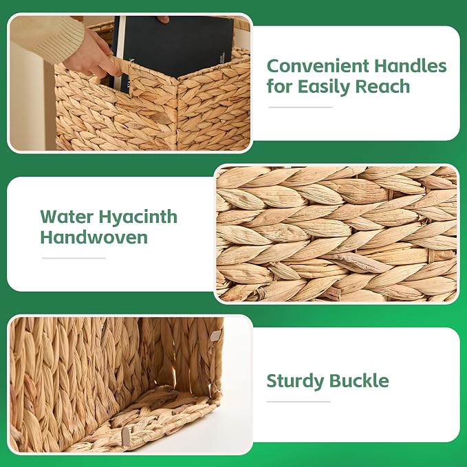13x13x13 Wicker Storage Basket Set of 4, Water Hyacinth Woven Basket with Handles, Wicker Cube Storage Bins for Shelves, Foldable Square Storage Cubes for Living Room Bedroom Organizing, Natural