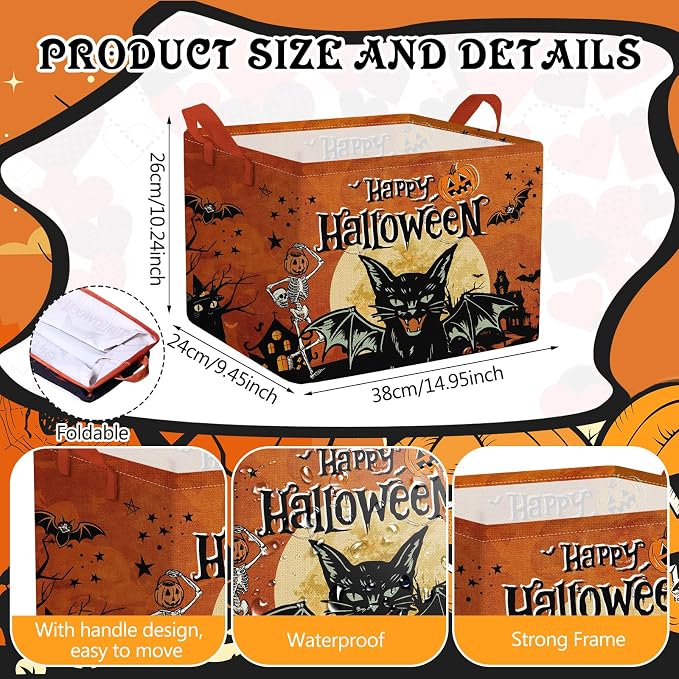 Bucherry 6 Pack Vintage Halloween Storage Basket Spooky Gifts Canvas Bins | Collapsible with Handles, Skull Bat Ghost Pumpkin Witch Designs, Gift Basket, Canvas Organizer for Home Office Closet Shelf