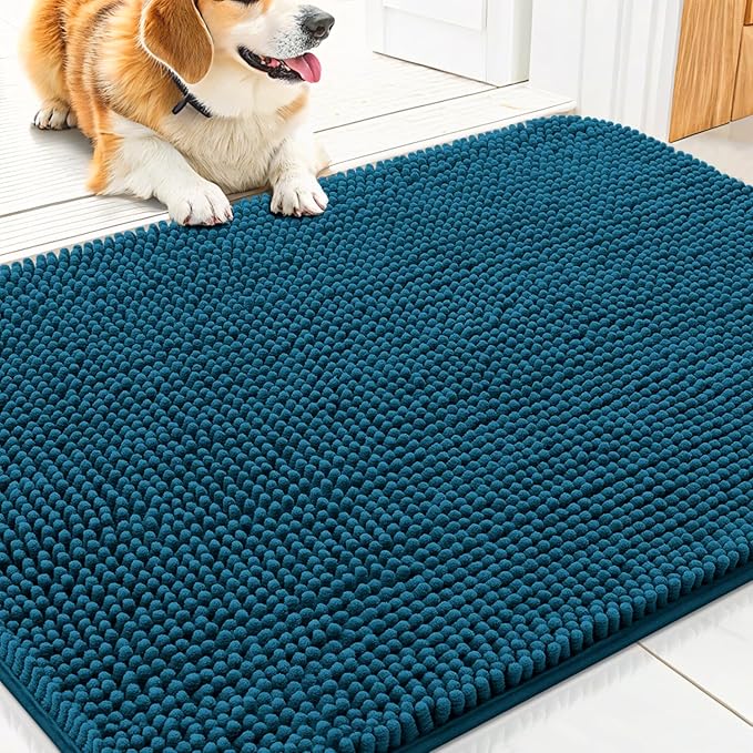 Smiry Dog Door Mat for Muddy Paws 30x17, Absorbent Dirt Trapper, Non-Slip Washable Chenille Entryway Rug for Inside Floor, Atlantic Blue, Classic Solid