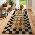 Washable Checkered Easy Jute Runner Rug 2x6, Brown Black Checkerboard Boho Geometric Outdoor Indoor Patio Rug, Woven Non Slip Thin Neutral Long Runner Carpet for Hallway Kitchen Entryway Porch