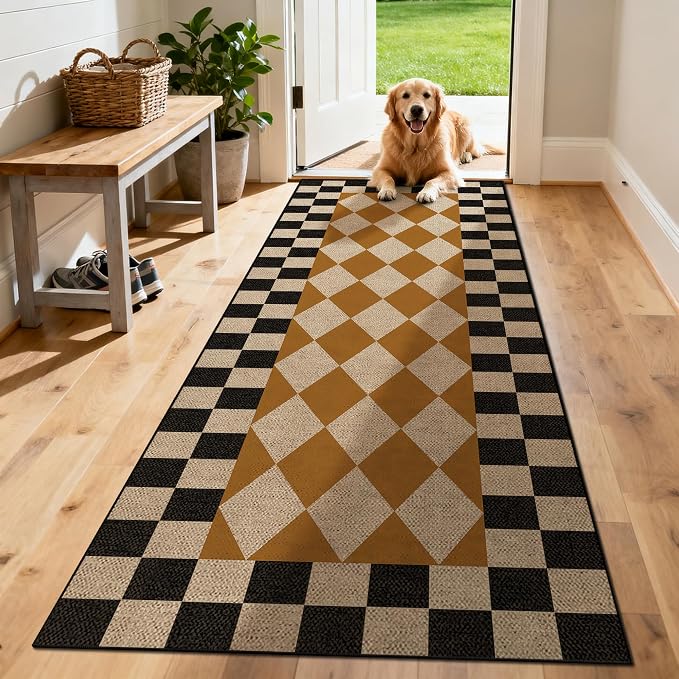 Washable Checkered Easy Jute Runner Rug 2x6, Brown Black Checkerboard Boho Geometric Outdoor Indoor Patio Rug, Woven Non Slip Thin Neutral Long Runner Carpet for Hallway Kitchen Entryway Porch