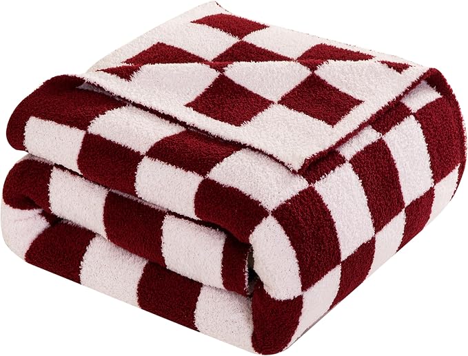 Elegant Comfort Checkered Throw Blanket, Burgundy Super Soft Cozy Fluffy Warm Throw Blankets for Couch, Sofa, Chair, Bed, Camping, Picnic, Travel Lightweight Bed Blanket (50" x 70")
