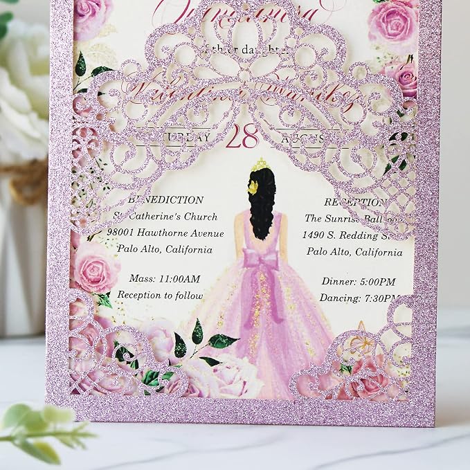 Hosmsua 50PCS Personalized Purple Glitter Quinceanera Invitations Kit 5.1x7.3 Inch Laser Cut Floral Crown Pocket Quinceanera Invitation Cards with Envelopes for Birthday Quince Invitation
