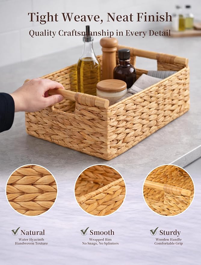 Wicker Basket, Large Basket for Gift Baskets Empty, 13.4x9.5x4.7in | Water Hyacinth Woven Basket for Organizing, Rectangular Basket with Wooden Handles for Shelves, Snacks, Toys, Books, Laundry