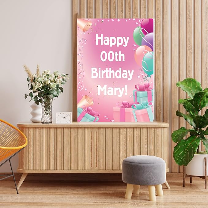 VictoryStore Jumbo 3 Foot Happy Birthday Card, Presents And Balloons, 24x36-Inch Card, Ships In Jumbo Envelope, (Pink, Custom Text)