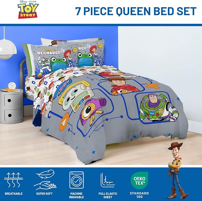Jay Franco Kids Comforter Set Includes Sheets and Pillow Covers - Soft and Cozy Bed Set for Stylish Room Decor, Official Licensed Bedding, Grey - Toy Story, 7 Piece Queen