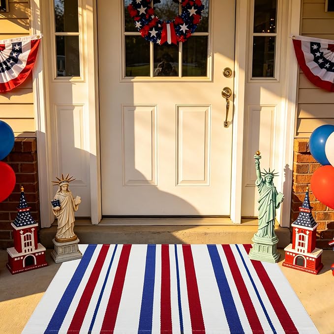 USA 250th Anniversary Patriotic Doormat, 2'4" x 3'7" Red White and Blue Striped Outdoor Rug, Washable Farmhouse Front Porch Welcome Mat for Memorial Day, 4th of July, and Independence Day Decor