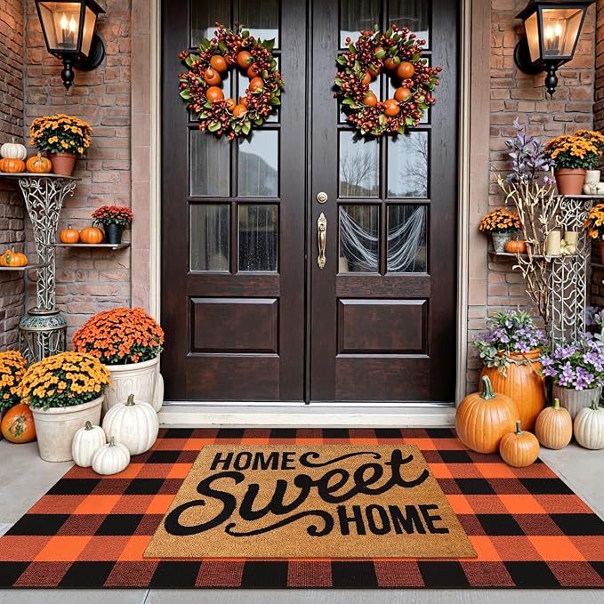 Uphome Bufflo Plaid Outdoor Rug 3'x5', Fall Decor Checkered Front Door Mat, Halloween Indoor Outdoor Porch Rug for Layered Door Mats, Washable Farmhouse Black/Orange Area Rugs for Patio Entryway