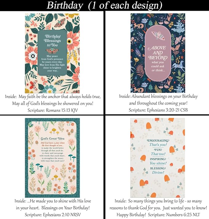 Birthday Cards ~ No Repeated Designs~ 32 Cards and Designs ~ Christian/Religious Greeting Card Assortment #1 ~ Scripture in every card ~ Envelopes Included