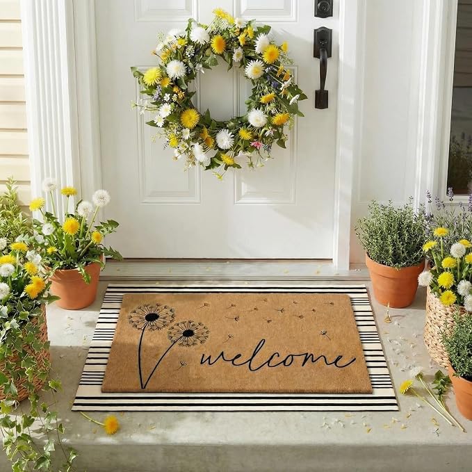 Tinideya 2 Pcs Summer Door Mat Dandelion Welcome Non Slip Spring Coir Mats Floor Layering Doormats Seasonal for Front Porch Entryway Decor(Dandelion)