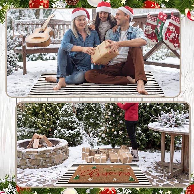 Moucuny 2 Pcs Christmas Outdoor Mat, Non Slip | Christmas Welcome Coir Door Outdoor Black White Stripe Rug Front Door Porch Entryway Decor, 24'' x 35'', 16'' x 28''