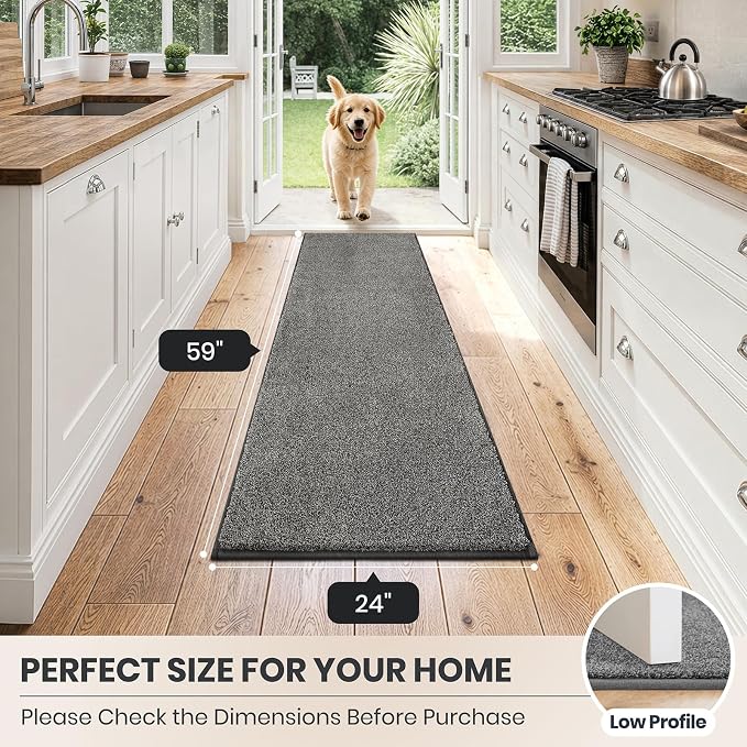 PURRUGS Dirt Trapping Door Mat 24" x 59", Non-Slip Machine Washable Entryway Rug, Dog Doormat, Indoor Front Door Mat, Super Absorbent Entry Rug for Muddy Shoes & Paws, Light Grey-Dark Grey