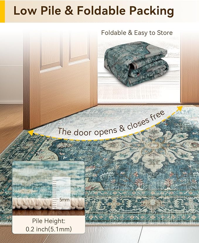 RELEANY Area Rugs 3'x12' Runner Rug Non Slip Washable for Kitchen Hallway Bedroom Beside Laundry Room Bathroom Rug, Floor Carpet, Dark Blue Vintage
