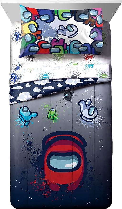 Among Us Full Size Comforter Set 5 Piece Kids Video Game Bedding, Multi | Bed in a Bag, Comforter Sheets Pillowcases, Official Product, Soft Microfiber, Machine Washable, Easy Care, Kids Gift