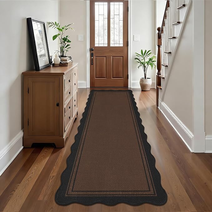 Easy Jute Kitchen Runner 2x6 Kitchen Runner Rug Washable Non Slip Outdoor Rug for Entryway Farmhouse Neutral Low Pile Scalloped Carpet for Hallyway Proch Doorway