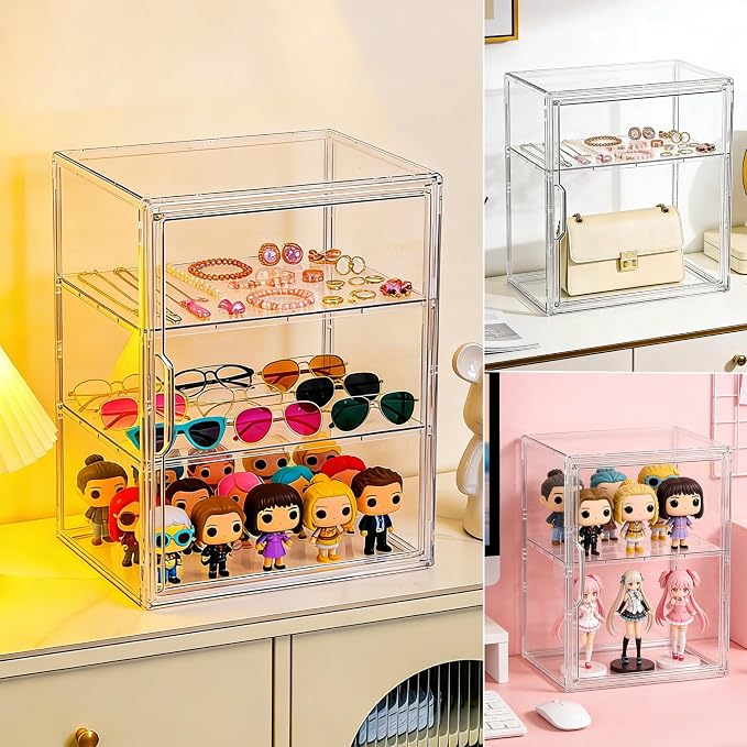 Attelite Acrylic Display Case for Collectibles Adjustable 3-Tiers，2Pack | Clear Display for Figures,3 Tier Clear Storage Bin, Stackable Acrylic Box,Easy Assembly,Magnetic Door,Dustproof
