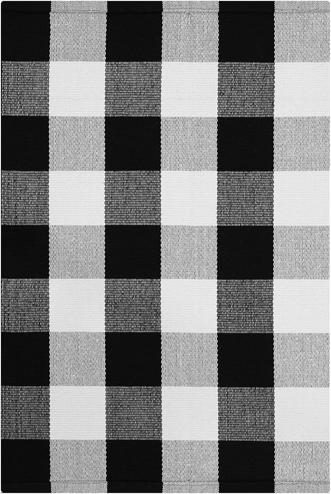 KOZYFLY Buffalo Plaid Area Rugs 2x3 Ft Black and White Checkered Rug Washable Front Door Mat Hand Woven Cotton Outdoor Rug Small Rug for Front Porch Kitchen Entryway Patio Bathroom