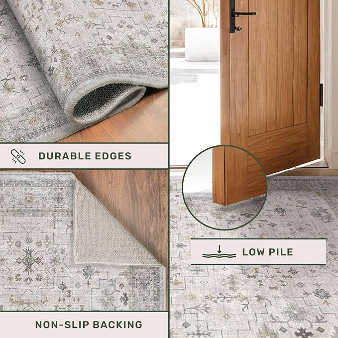 Hazo Haus Boho Light Grey Living Room Rug 7x10 - Modern Vintage Eclectic Floral Pastel Neutral Taupe, Washable Low Pile Non-Slip Large Area Rugs for Dining Under Table Bedroom Lounge