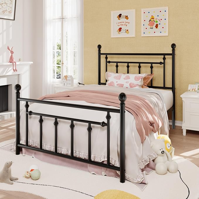 SHA CERLIN 14" Twin Size Metal Platform Bed Frame/Victorian Headboard and Footboard/Steel Slats Mattress Foundation for Storage/No Box Spring Needed/Noise Free/Black