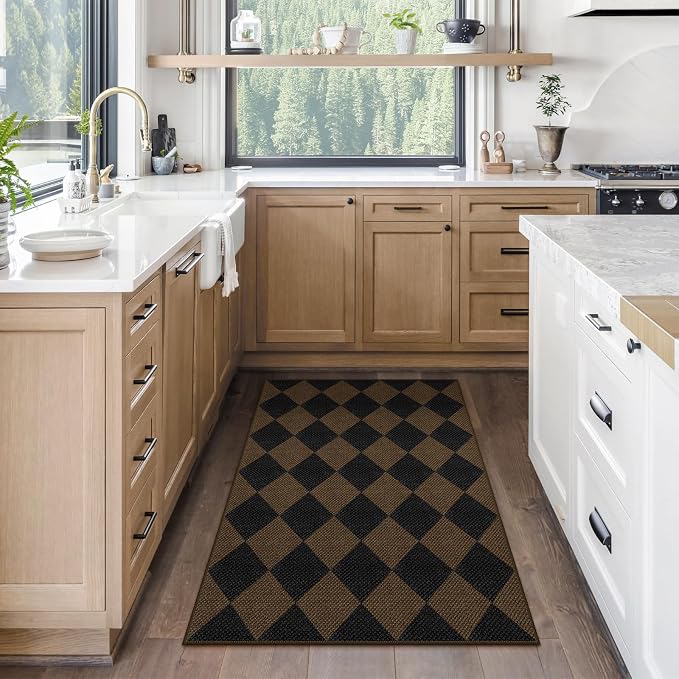 Rugalia Easy Jute Checkered Entryway Rug, 2.6x4 Coffee Modern Indoor Outdoor Doormat Non-Slip Washable Kitchen Rug, Neutral Farmhouse Diamond Throw Rugs for Entrance Bedroom Porch Patio
