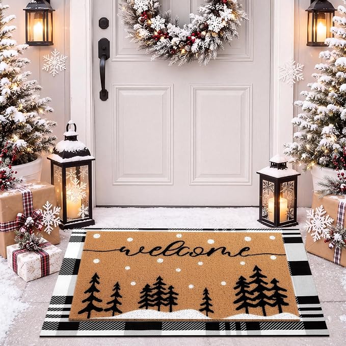 Tinideya 2 Pcs Door Mat Welcome Non Slip Coir Mats Floor Layering Doormats Seasonal for Front Porch Entryway Decor(Snowy Tree)