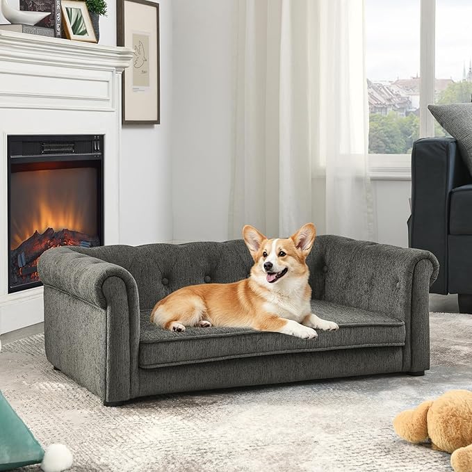 Dog Sofa for Small & Medium Dogs | Removable & Washable | No Assembly Required | Breathable Linen Fabric | Soft Foam |Floor-friendly sofa legs | Dark grey