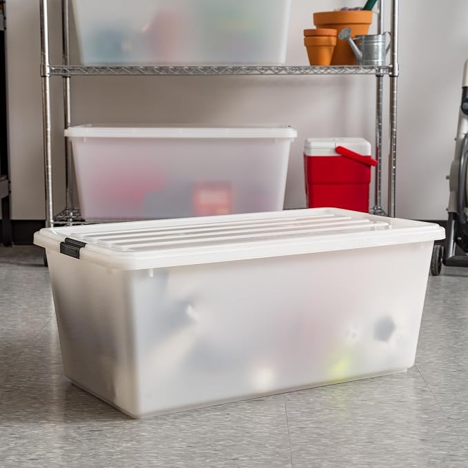 IRIS USA 4-Pack 91 Qt Stackable Storage Bins with Lids, Pearl | Discreet opaque design keeps belongings out of sight while organizing closets, bedrooms and seasonal storage, Stackable