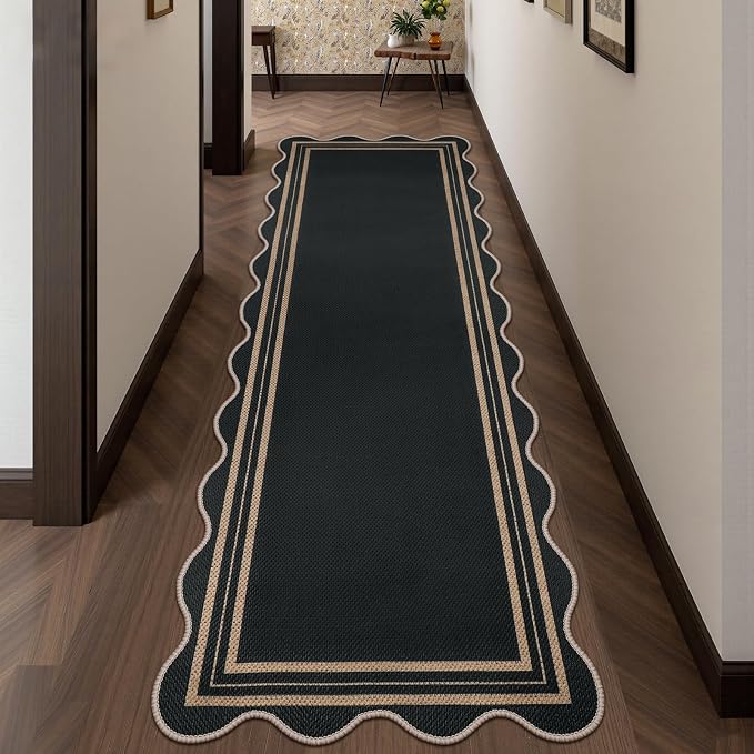 Scalloped 2.6x8 Kitchen Runner Rug, Washable Rugs for Entryway Non Slip Outdoor Indoor Black Long Rug, Farmhouse Morden Carpet for Hallway Bedroom