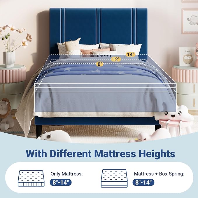 Allewie Twin Size Platform Bed Frame with Adjustable Headboard | Plush Velvet Upholstered, Vertical Channel Tufted, Sturdy Wood Slats, No Box Spring Needed, Easy Assembly, Blue