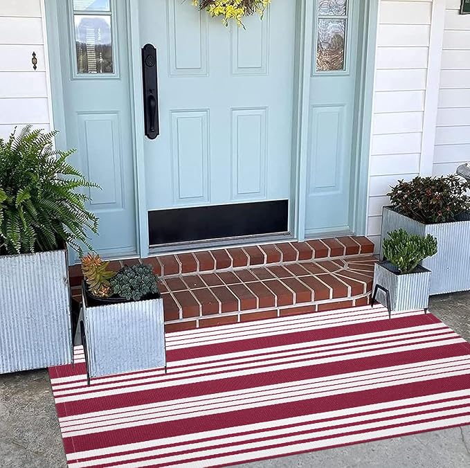 Red and White Striped Rug 24'' x 51'' Front Porch Rug Hand-Woven Machine Washable Indoor/Outdoor Layered Door Mats for Entryway/Bedroom/Outdoor