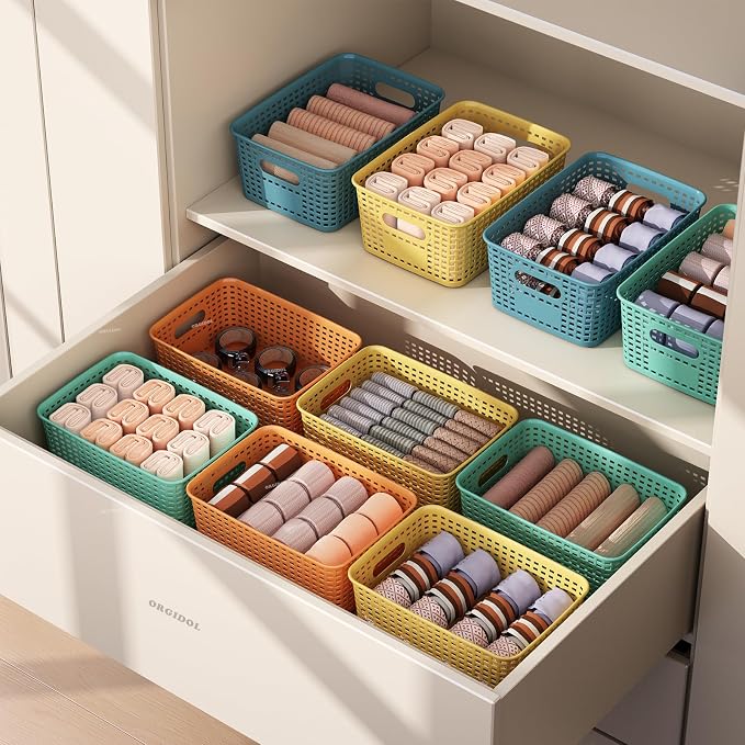 ORGIDOL Colorful Plastic Storage Baskets Bins for Home Organizing, 12 Pack | Space-Saving Storage Container with Handles, Multi-Purpose Storage Box, for Cabinet, Shelve, Countertop, Closet, Classroom