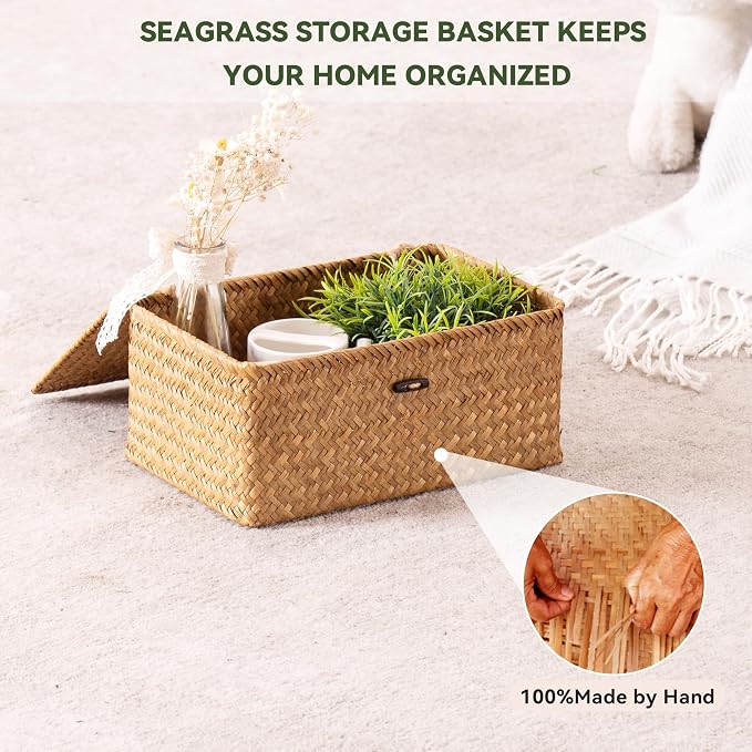 Nonam Storage Basket with Lid, Natural Seagrass Bin with Lid Set of 2, Shelf Baskets Multipurpose Container for Boho Decoration, Rectangular Household Storage Boxes for Home Organization-Natural