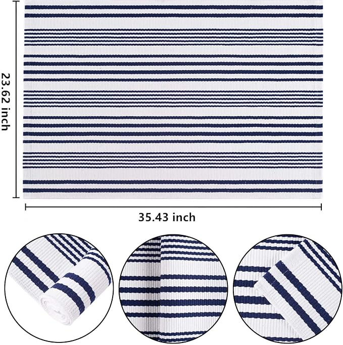 Blue and White Striped Outdoor Rug 24'' x 35'' Door Mat Outdoor Machine Washable Welcome Mats Cotton Hand-Woven Entryway Rug for Front Porch/Entryway/Laundry/Bathroom/Bedroom
