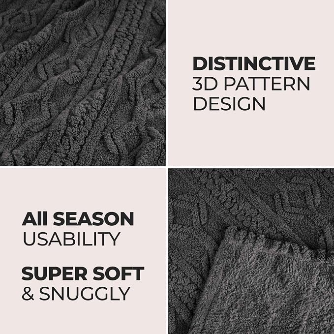 SUPERIOR Fleece Boho Jacquard Blanket, Decorative Blankets for Bedroom, Sofa, Fuzzy, Plush, Fluffy, Soft, Cute Room Decor, Beautiful Cover, Comfort Essentials, Arctic Collection, Throw, Charcoal