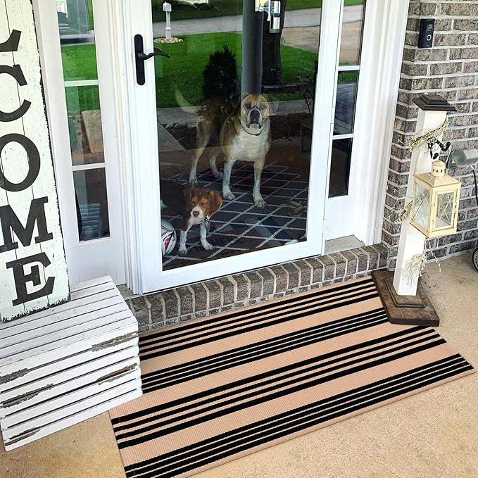 LEEVAN 2'X4.3' Black and Tan Striped Woven Cotton Reversible Outdoor Rug | Small Machine Washable Front Porch Rug, Entryway Door Mat, Indoor Layering Carpet for Farmhouse Bathroom Laundry