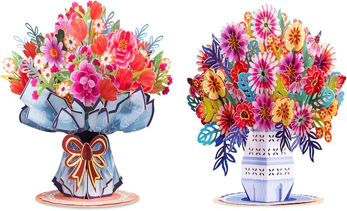 HugePop Flower Bouquet Pop Up Cards 2 Pack - Includes 1 Vibrance Flower Bouquet and 1 Exotica Flower Bouquet, Gift For Mothers Day, Birthday, Valentines Day, All Occasions - Jumbo 10" x 14" Card