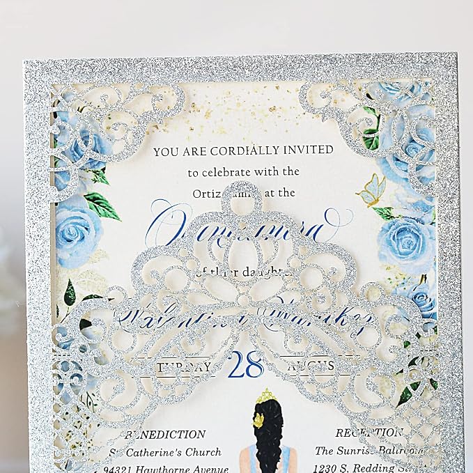 Hosmsua 50PCS 5.1x7.3 Inch Silver Glitter Quinceanera Invitations Cards Laser Cut Floral Crown Pocket Invitation with Envelopes for Birthday Bridal Shower