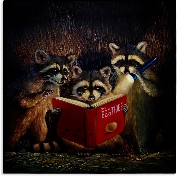 Fun Raccoon Trio Reading Book, 36 x 36 Inch Canvas Wall Art | Stupell Industries · By Lucia Heffernan · Ready to hang · Whimsical gift for animal lovers · Made in USA