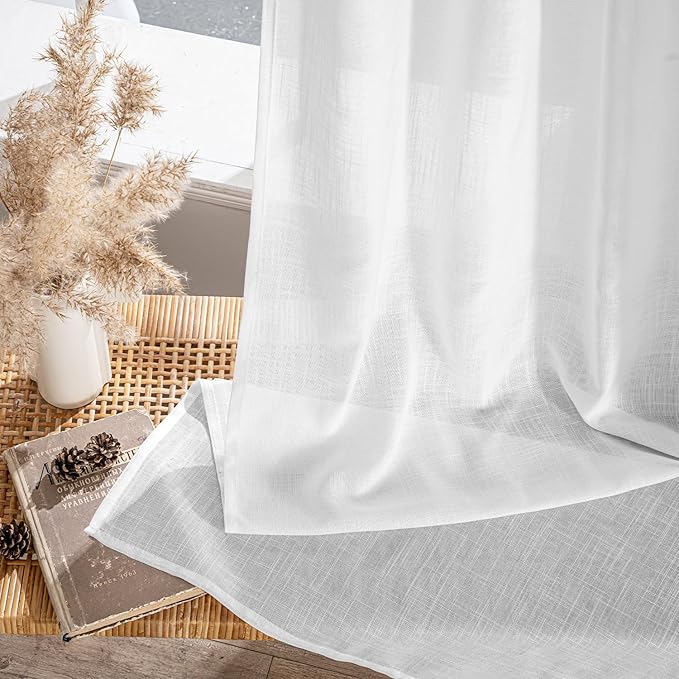 MIULEE White Linen Curtains 120 Inches Long 2 Panels for Bedroom Living Room, Soft Thick Linen Textured Back Tab Window Drapes Semi Sheer Light Filtering Rod Pocket Modern Farmhouse Decor