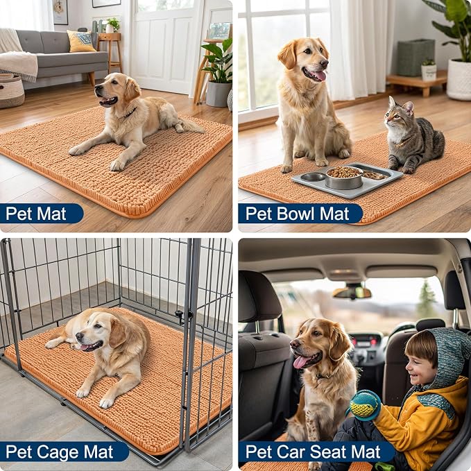 Smiry Dog Door Mat for Muddy Paws 47x24, Absorbent Dirt Trapper, Non-Slip Washable Chenille Entryway Rug for Inside Floor, Orange, Classic Solid