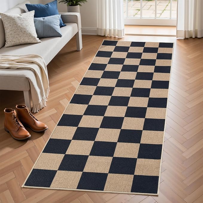 EDIMENS 2x6 Checkered Easy Jute Washable Kitchen Indoor Outdoor Runner Rug | Non Slip Front Door Runner Rug for Laundry Balcony Low Pile Rugs Black Checkerboard Carpet for Hallway 6ft Entry