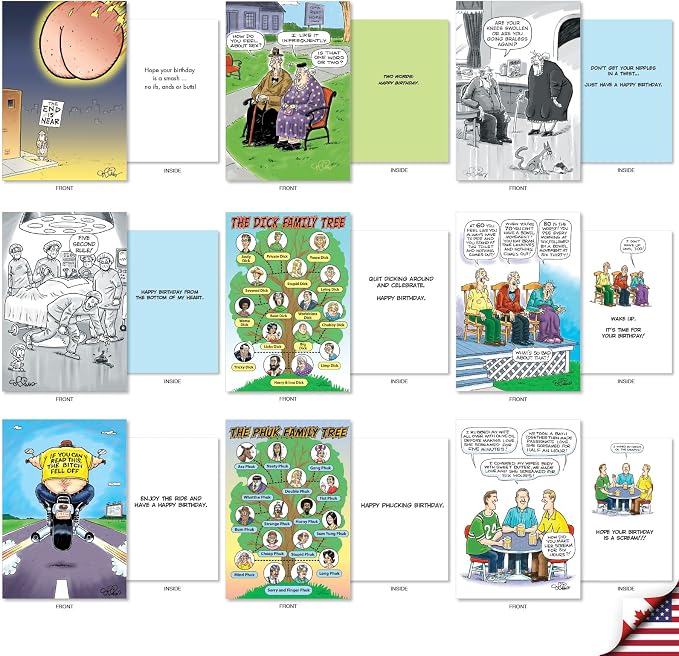 NobleWorks 36 Assorted Box Set Birthday Greeting Cards w/ 5 x 7 Inch Envelopes for Men and Women (36 Designs, 1 Each) Bday Collins' Guy Humor AC10615BDG-B1x36