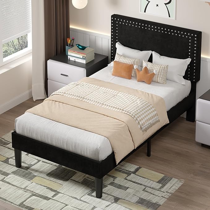 VECELO Twin Size Platform Bed Frame with Height Adjustable Upholstered Headboard, Modern Mattress Foundation,Strong Wood Slat Support, No Box Spring Needed, Easy Assembly,Black