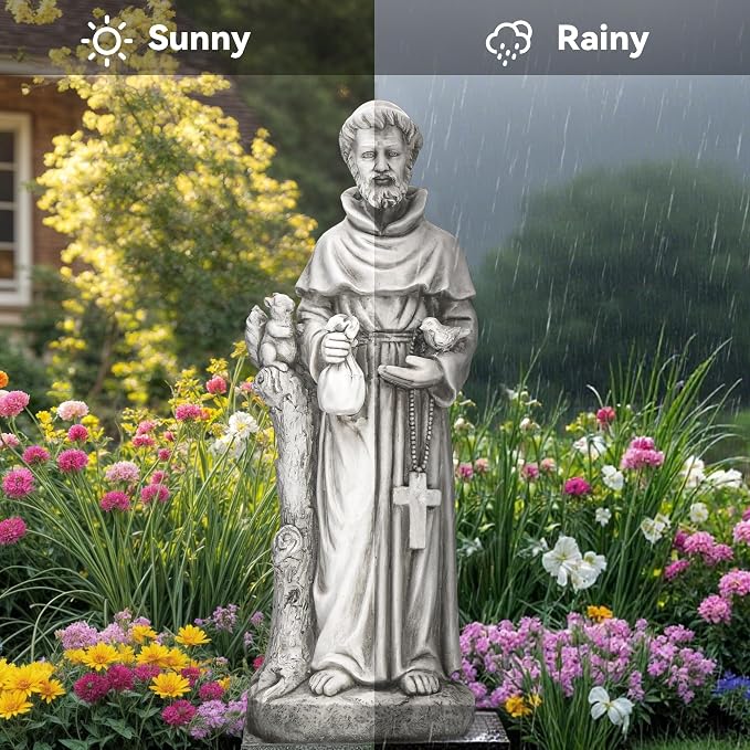 St. Francis Outdoor Garden Statue, Magnesium Oxide, Grey, 31 in | Catholic Outdoor Sculpture for Prayer & Meditation, Weatherproof, for Patio, Garden, and Yard Decor