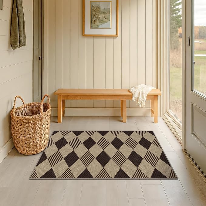 2x4 Entryway Door Mat Indoor – Washable Non Slip Small Rug for Front Door, Kitchen Sink, Mudroom, Garage Entry, Low Profile Easy Clean Farmhouse Plaid Floor Mat