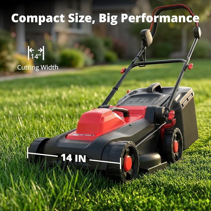 AMERISUN 14-Inch Corded Electric Lawn Mower, 12.5 Amp 3400RPM 2IN1 Mulching & 10-Gallon Collection Bag, Push Mower with 6-Position Cutting Height, Lightweight Electric Mower for Residential Yards