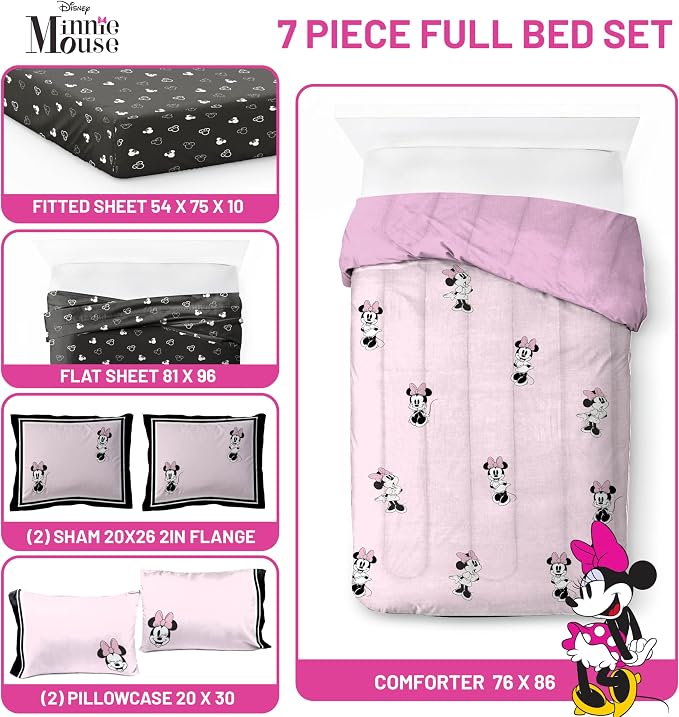 Jay Franco Kids Comforter Set Includes Sheets and Pillow Covers - Soft and Cozy Bed Set for Stylish Room Decor, Official Licensed Bedding, Multi - Minnie Mouse, 7 Piece Full
