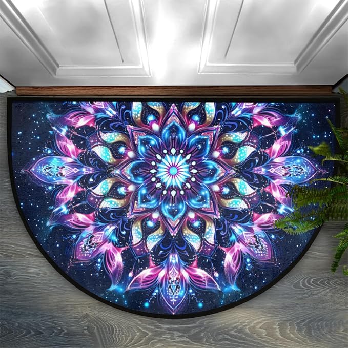 Half Round Doormat Flowers Ethnic Mandala Purple Non Slip Half Circle Area Rugs Indoor Washable Half Moon Rug Semi Circle Bathroom Runner Mat Entrance Floor Carpet for Kithen Bedroom Fireplace Decor
