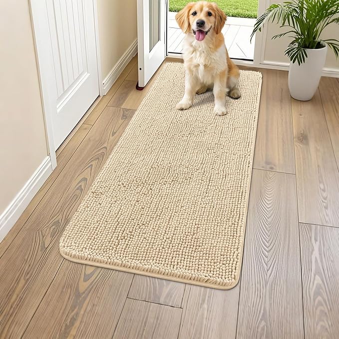Smiry Dog Door Mat for Muddy Paws 47x20, Absorbent Dirt Trapper, Non-Slip Washable Chenille Entryway Rug for Inside Floor, Beige, Classic Solid