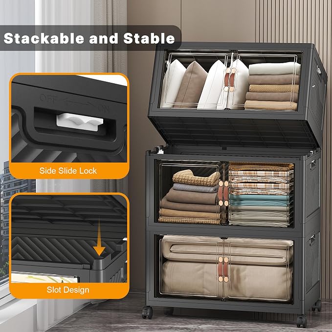 UAMFURI Stackable Storage Bins, 672QT Collapsible Drawers with 2 Lids | Large Capacity, Magnetic Door, Stack Lock, Rolling Wheels, Foldable Design, Organizers and Storage for Bedroom Dorm Garage